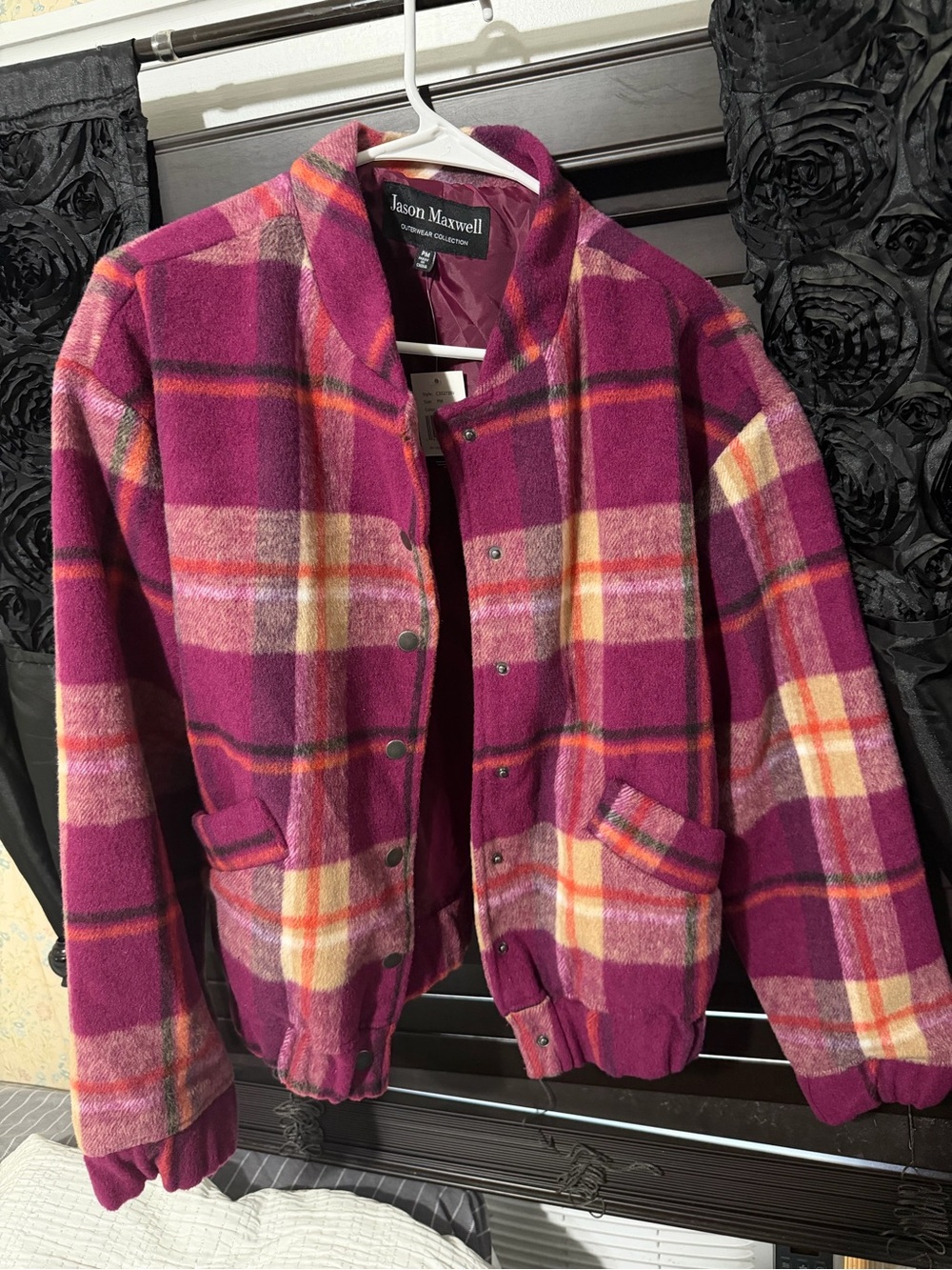 jason maxwell Magenta Plaid Bomber Jacket with Cream & Orange Accents
